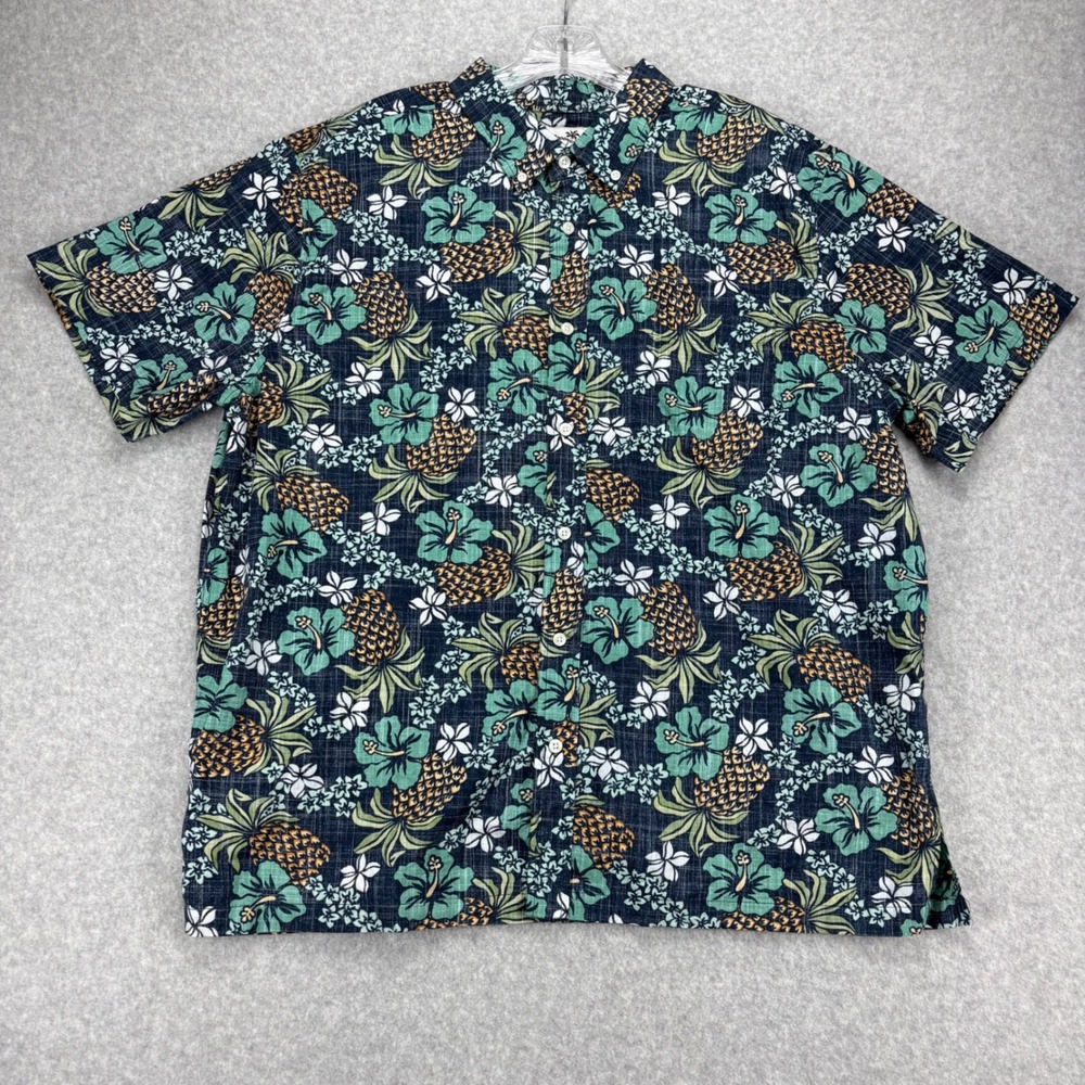 Reyn Spooner Hawaiian Shirt Mens XL Blue Pineapple Hibiscus Aloha Beach Costal